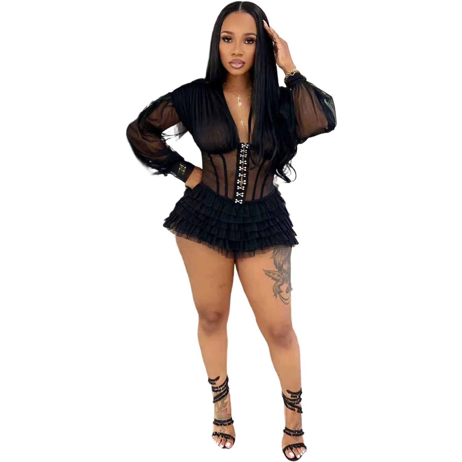Ruffled mesh patchwork jumpsuit