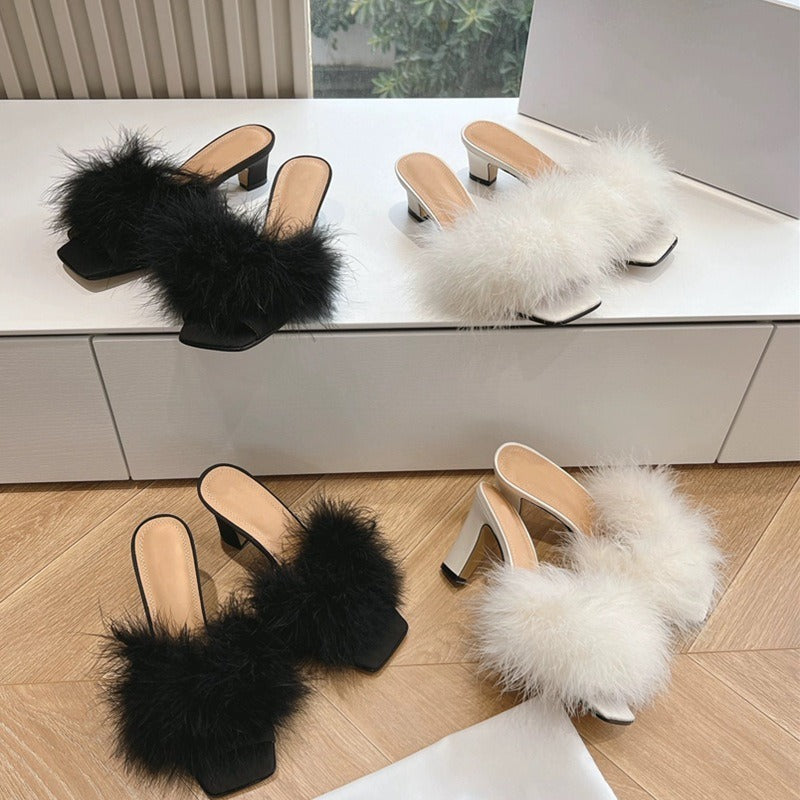 102.44 USD chaussons à talons hauts en fourrure et poil de chameau, bout ouvert, talon épais, demi-chaussons en fourrure