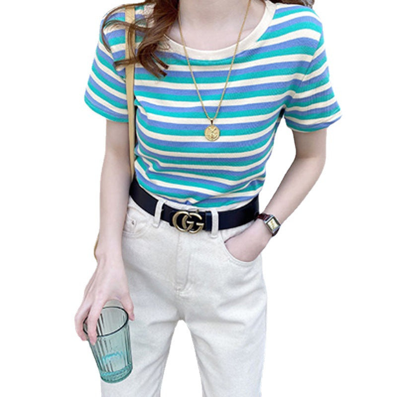 Fashion Stripe Short Sleeve T-Shirt Women Slim Fit Casual Top Student  Basic Tee