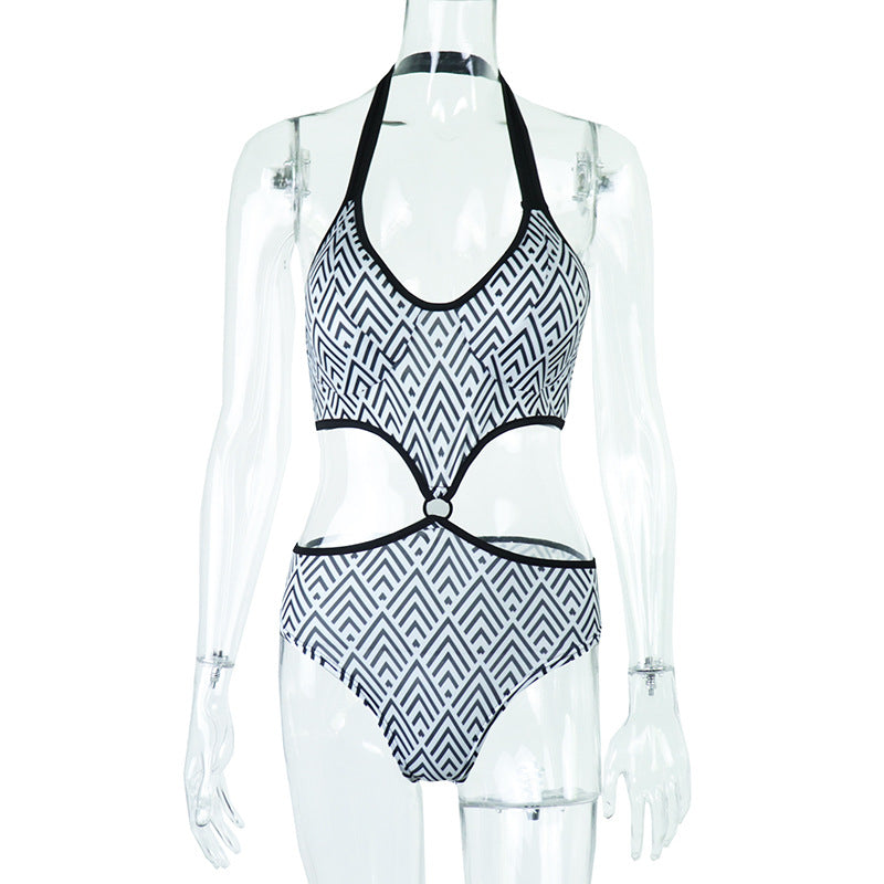 Maillot de bain une pièce femme printemps-été, imprimé sexy, col halter, taille ajourée, style tendance.
