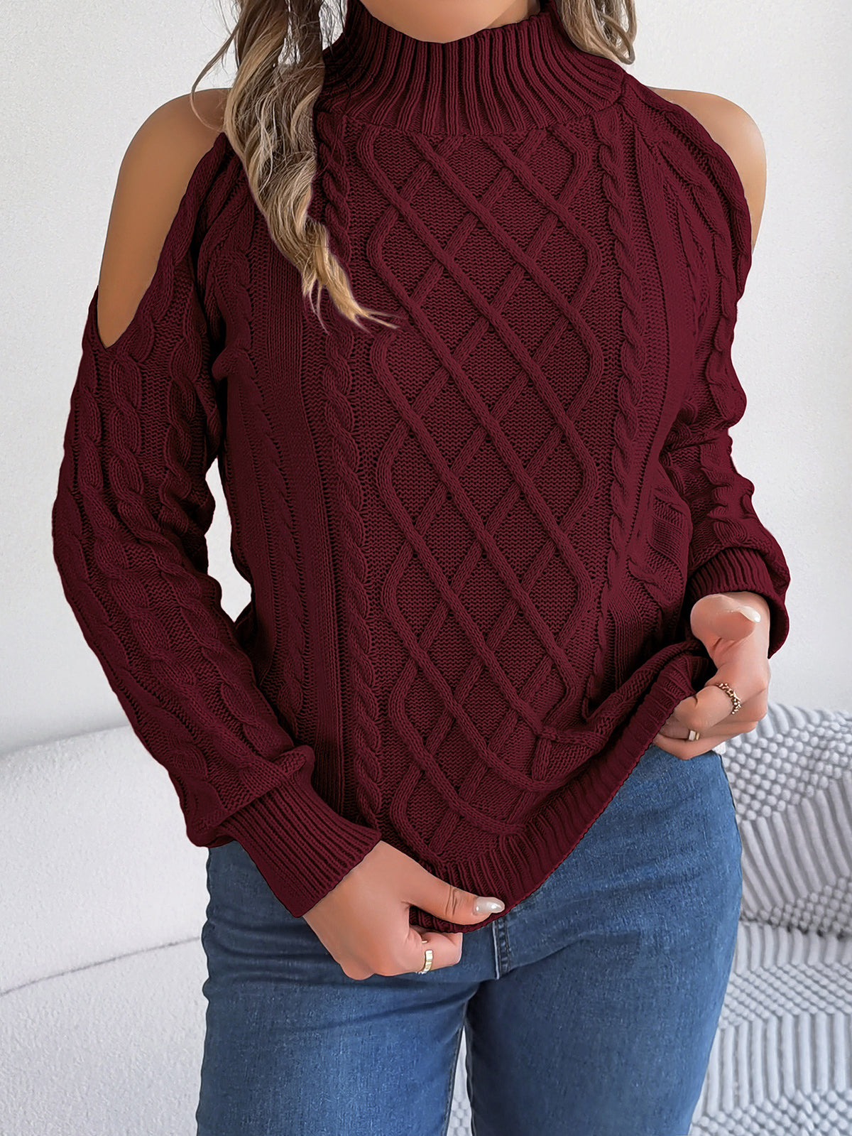 Pull-over décontracté et chaud pour femme (automne-hiver) à manches longues, motif torsadé, épaules dénudées et col mi-haut.
