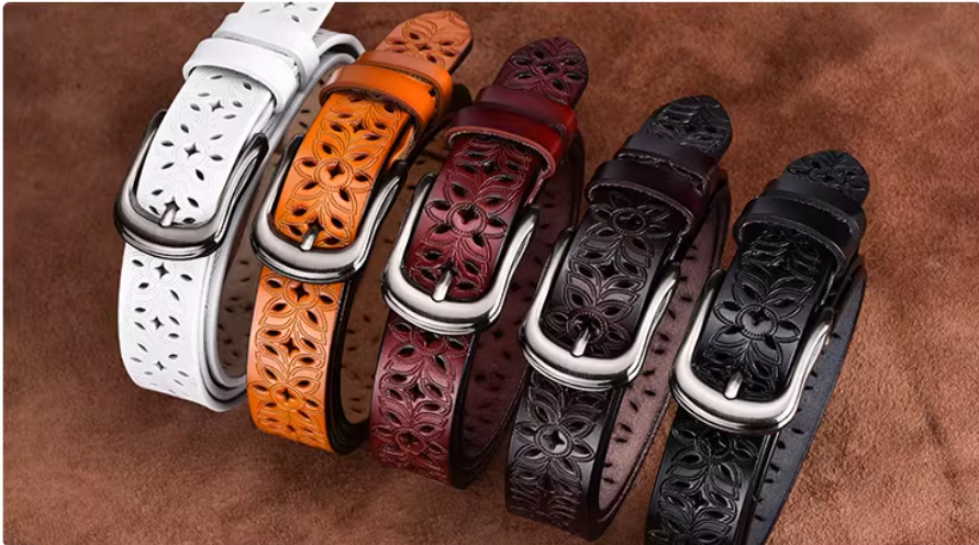 13,39 USD - Ceinture ajourée pour femme, boucle aiguille en cuir véritable, large ceinture en cuir de vachette, tendance et polyvalente