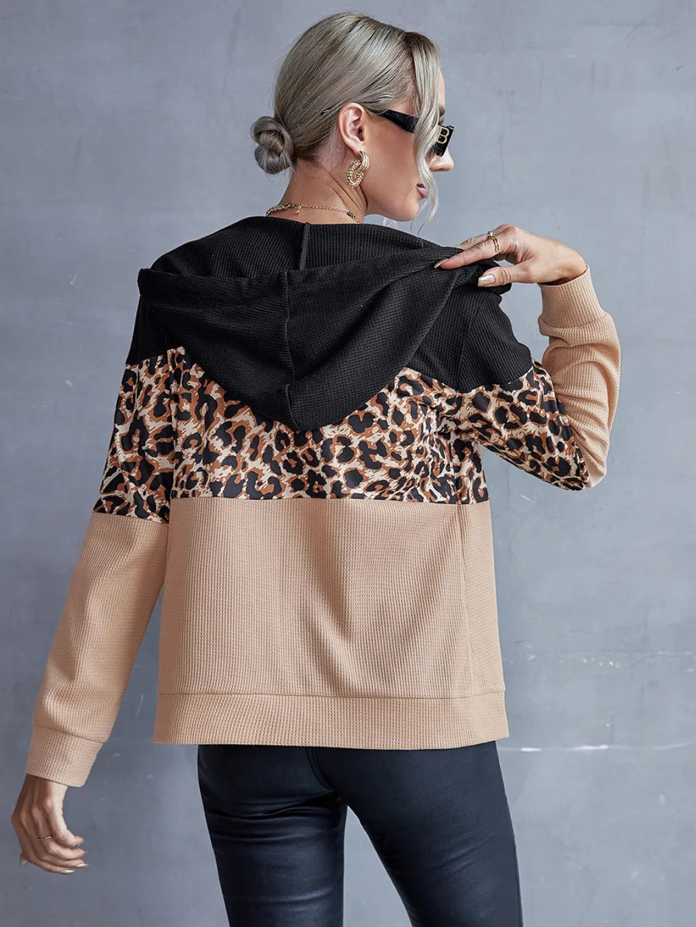 Leopard print zipped hoodie with drawstring