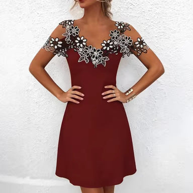 Women's V-Neck Patchwork Lace Off-Shoulder Dress