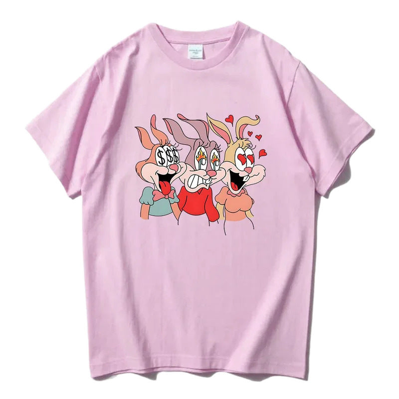 16.88 USD T-shirt unisexe à manches courtes, imprimé lapin mignon, en polyester fin noir et blanc, pour hommes et femmes.