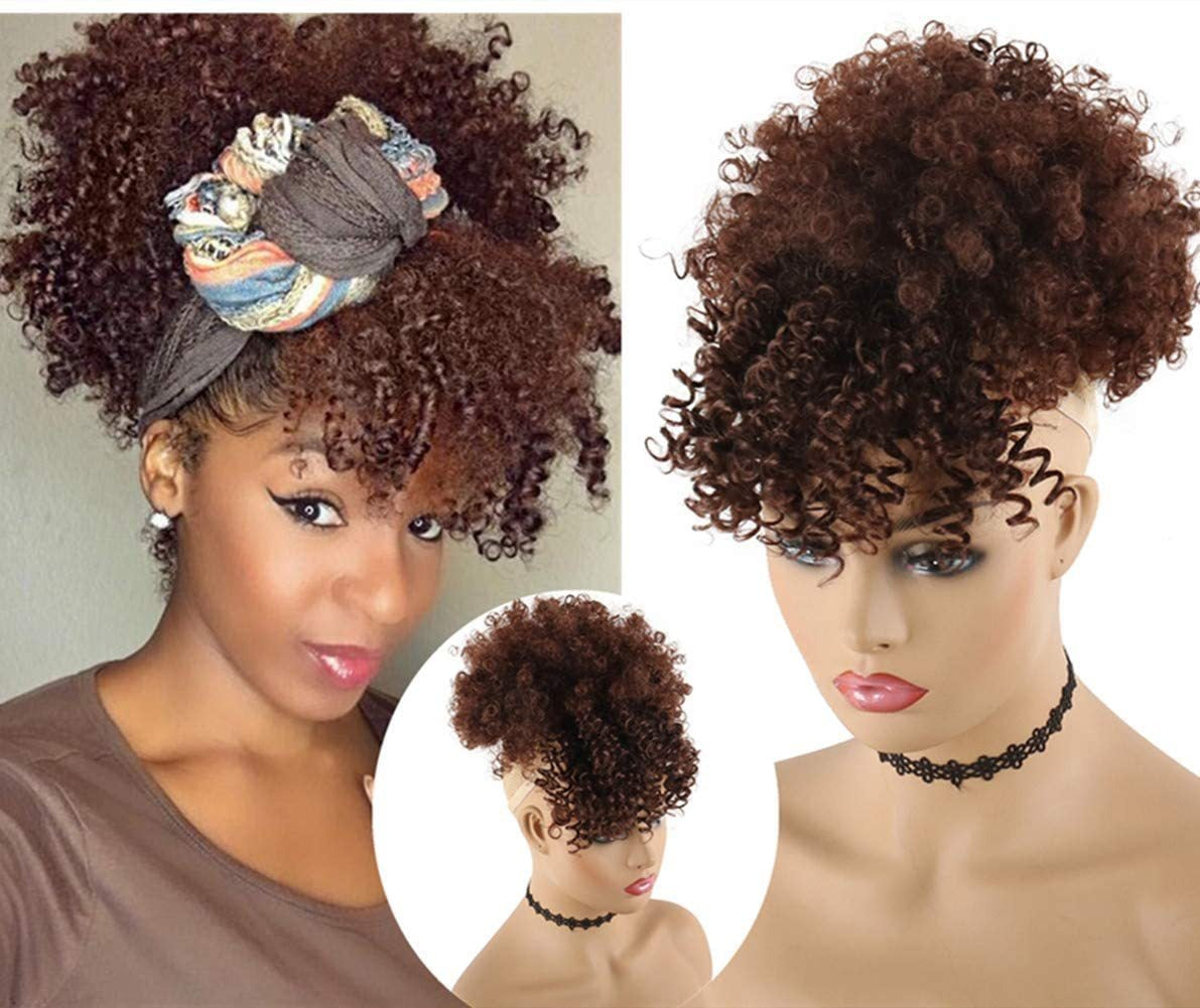 Trendy European/American hairstyle: voluminous bangs and small "pipe cleaner" curls for afro hair.