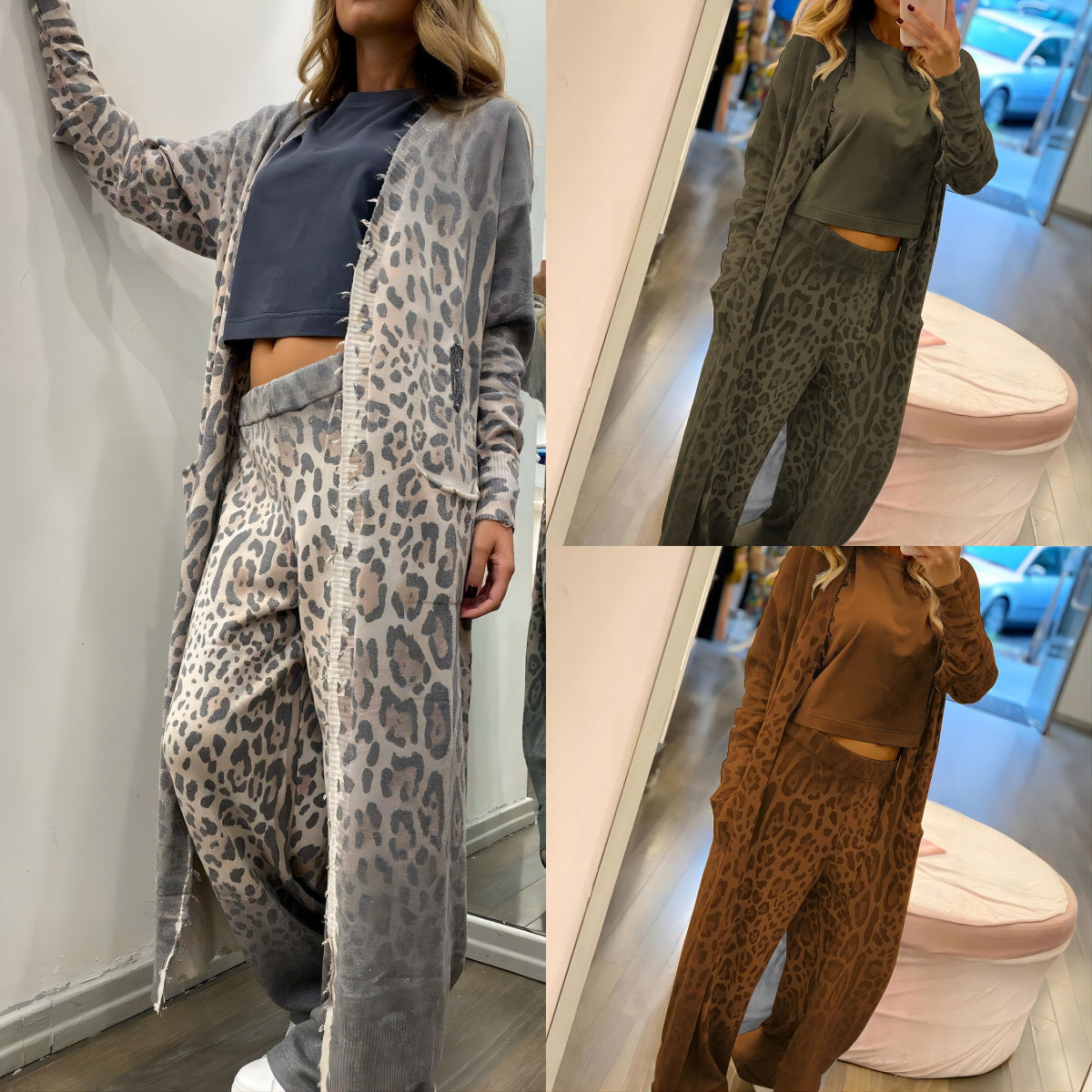 Ensemble deux pièces pour femme : veste cardigan à manches longues et pantalon long, motif léopard