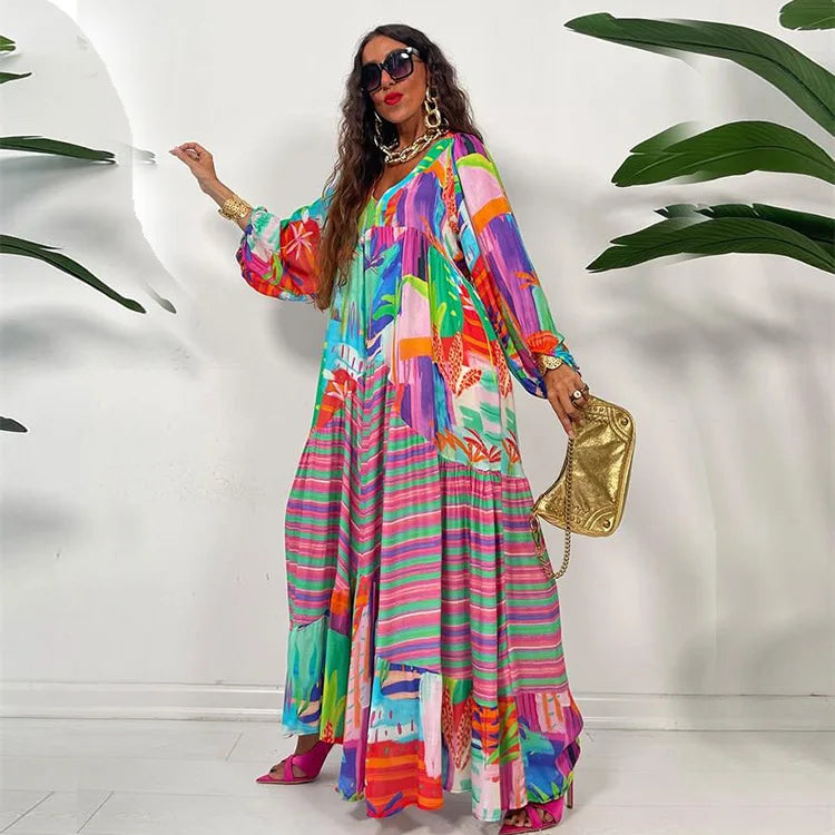 Spring Summer African Women Long Sleeve V-neck Printing Long Dress Maxi Dress Dashiki African Dresses for Women XS-3XL