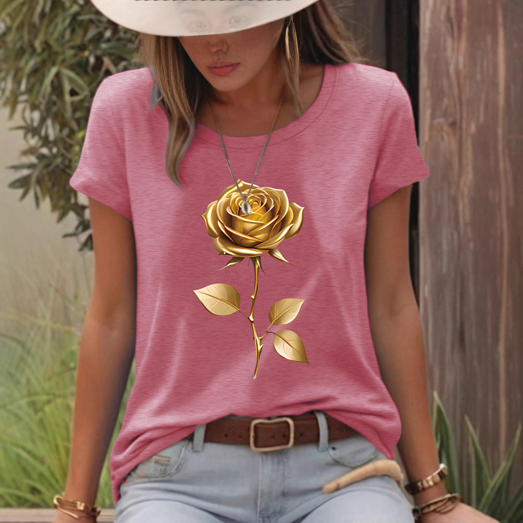 $18.62 - Short Sleeve Round Neck T-Shirt with Gold Rose