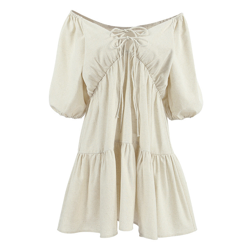 Casual Khaki Linen Dress with Design Sense Belted V-Neck Short Sleeve A-Line Dress for Women