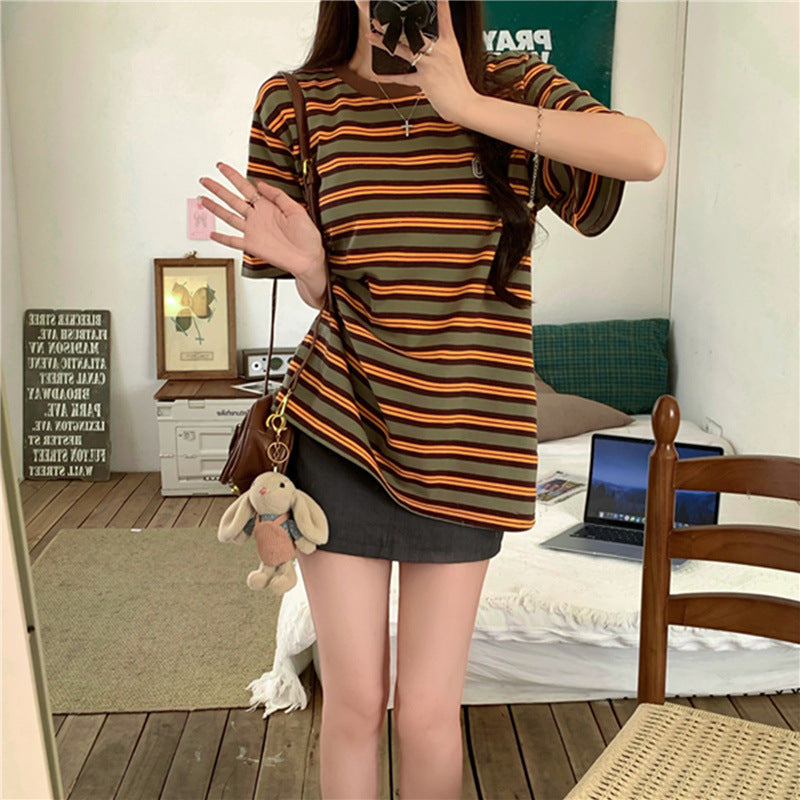 Women's Casual Vintage Color-Block Striped Short-Sleeve T-shirt