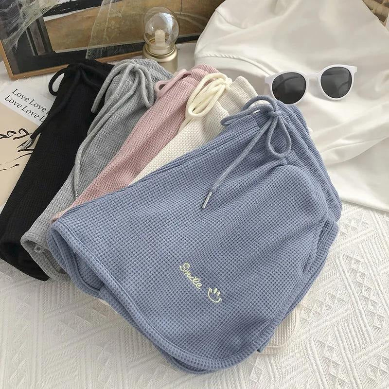 17,35 USD - Short de survêtement en maille gaufrée pour femme, idéal pour l'été, décontracté, ample, taille haute, à porter à la maison, jambes larges, short court, vêtement d'extérieur