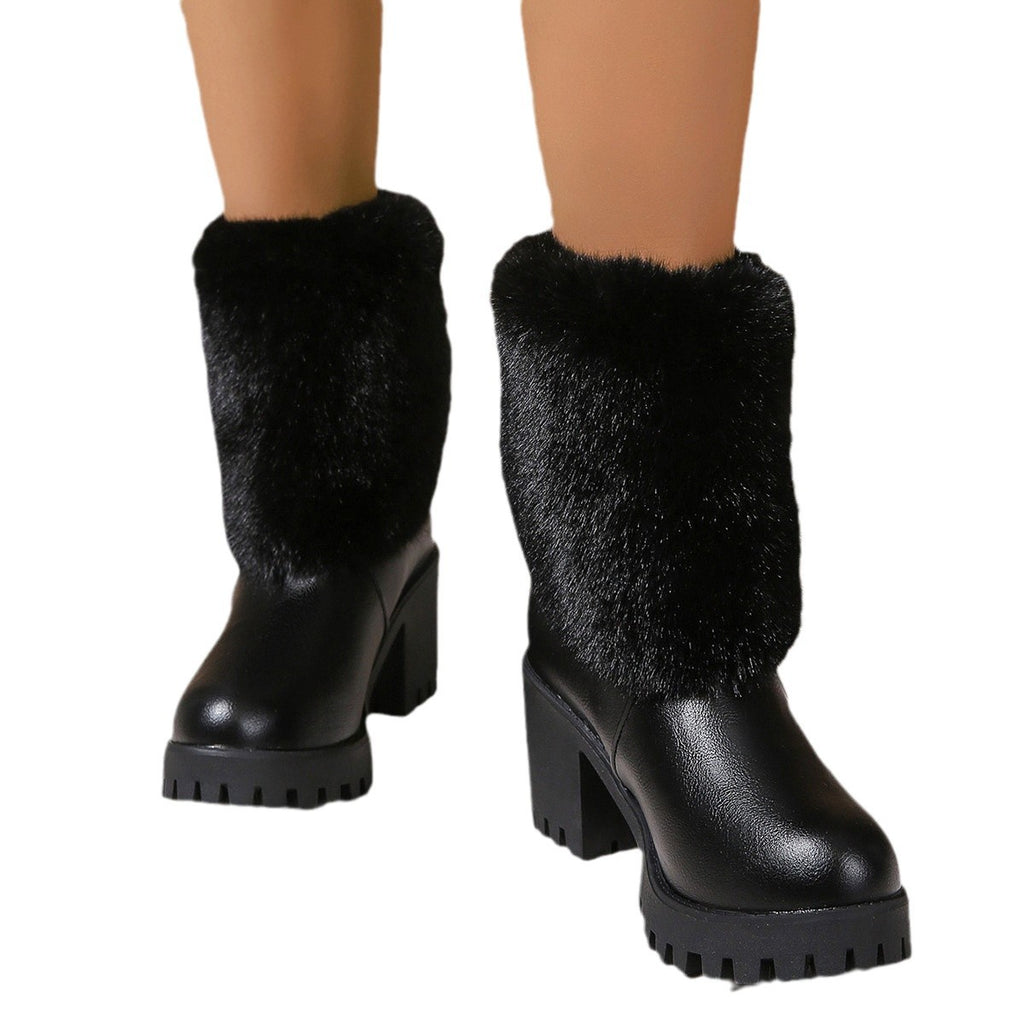 Trendy women's winter boots, high-heeled ankle boots with thick fleece lining, warm cotton boots with a thick, non-slip heel.