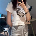 18.04 USD T-shirt à manches courtes en coton imprimé Hello Kitty, épaules classiques