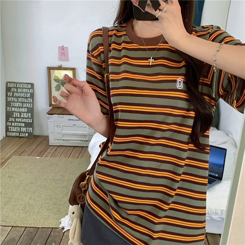 Women's Casual Vintage Color-Block Striped Short-Sleeve T-shirt