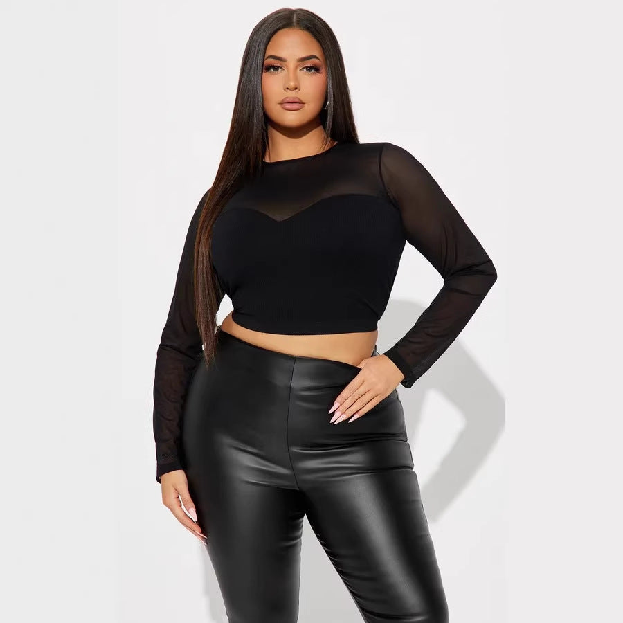 Chic long-sleeved crop top for women with mesh inserts, ideal for spring and summer. A versatile, sexy, and casual crop top for girls.