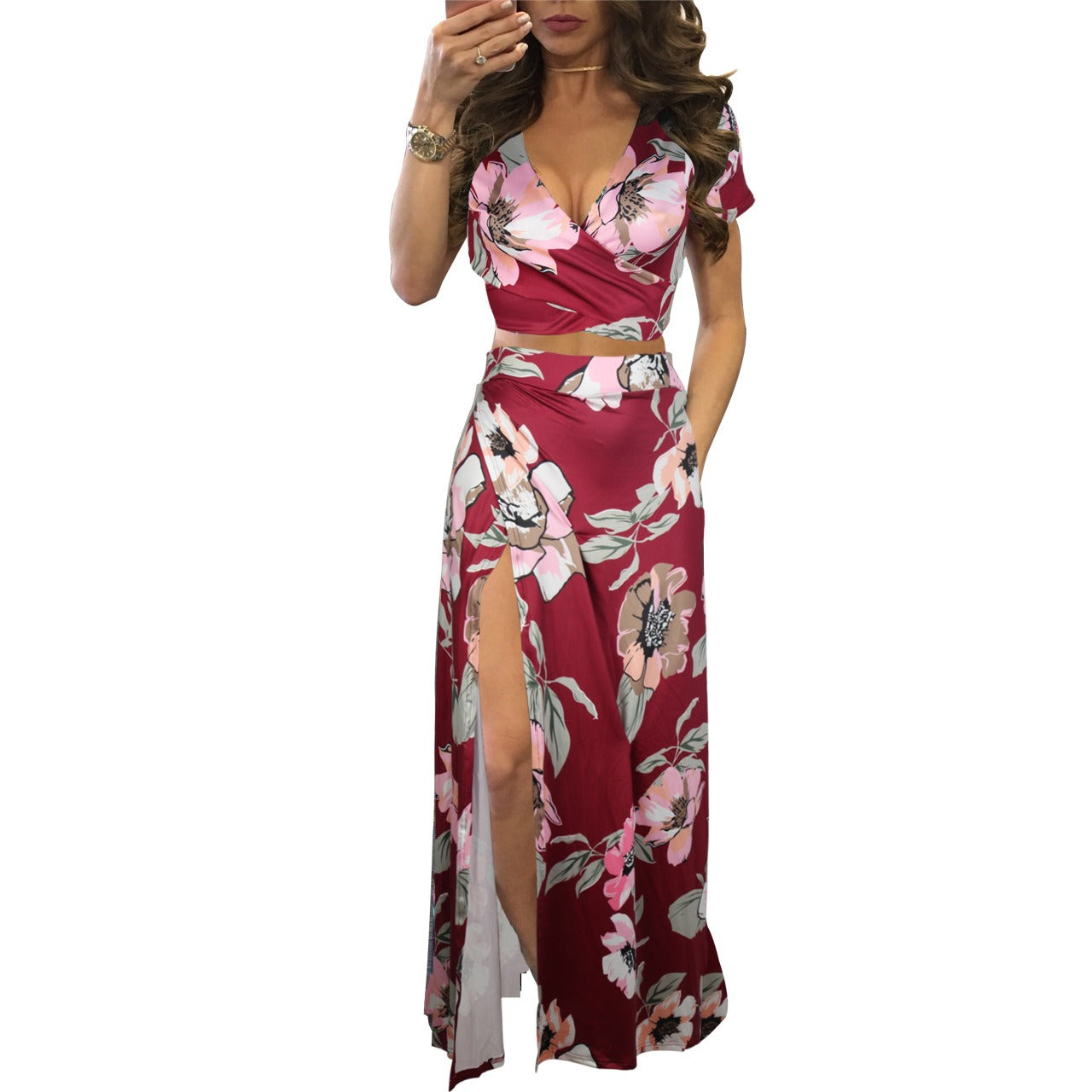 25,54 USD - Ensemble deux pièces robe fleurie classique en promotion
