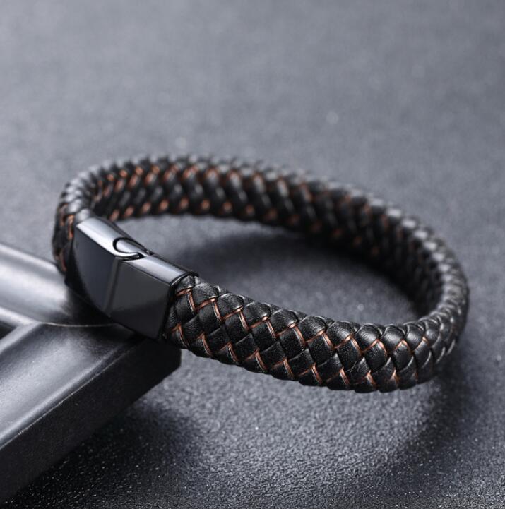 14.86 USD - Men's Black and Blue Braided Leather Bracelet, Stainless Steel Magnetic Clasp, Charm Bracelet, Gift