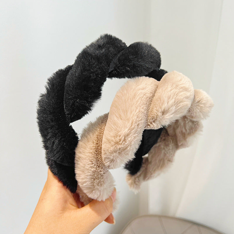 USD 15.72 - Faux Rabbit Fur Braided Headband, Cute Fluffy Solid Color Hair Accessory R526