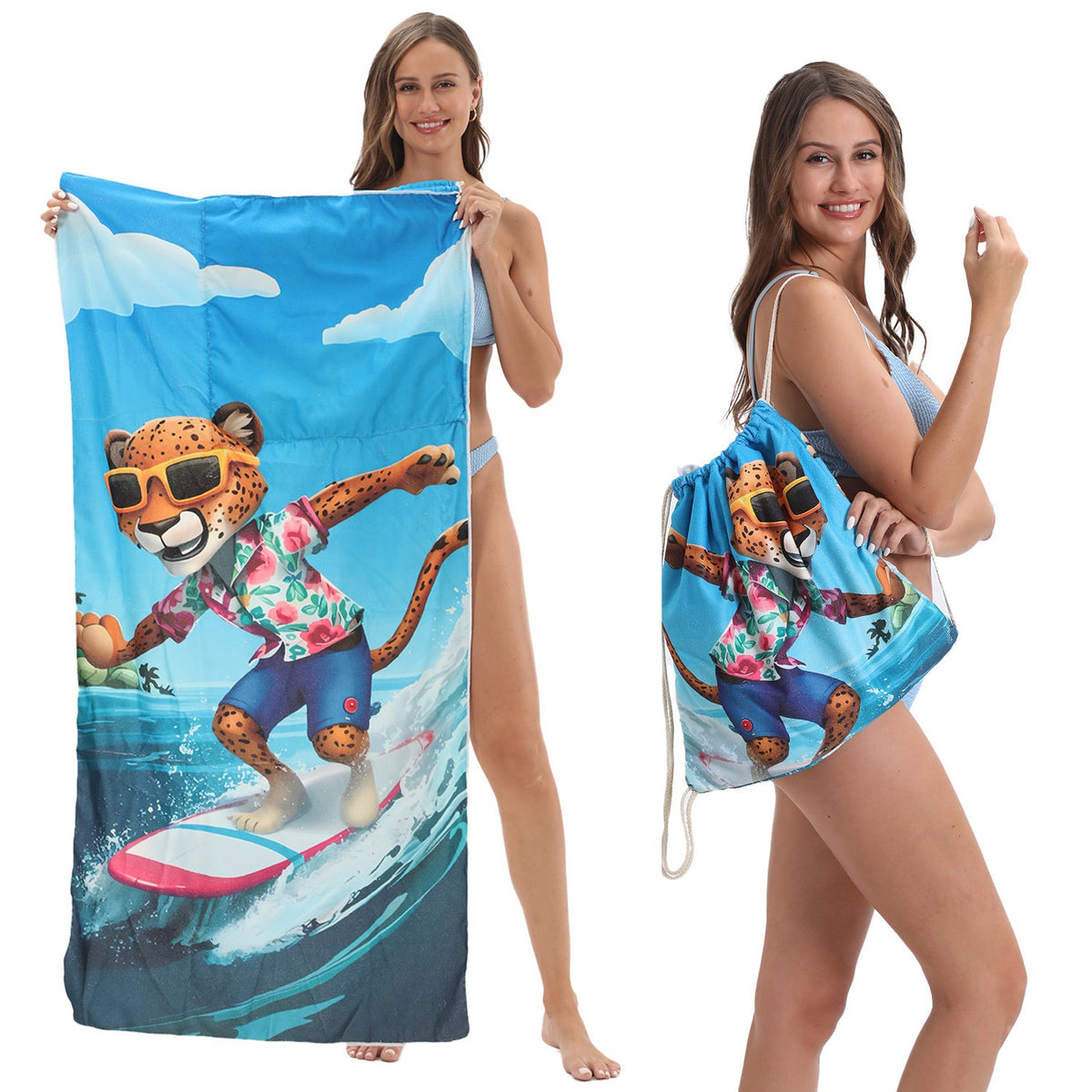 Serviette de plage pliable 2-en-1 et serviette de bain imprimée – Serviette de plage tout-en-un avec sac de rangement