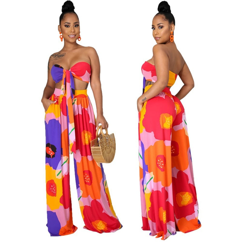 Vêtements pour Femmes Robe Longue Imprimée Florale Nouveau Haut Tube Élégant Décontracté Pantalon Col V Ensemble 2 Pièces Femme