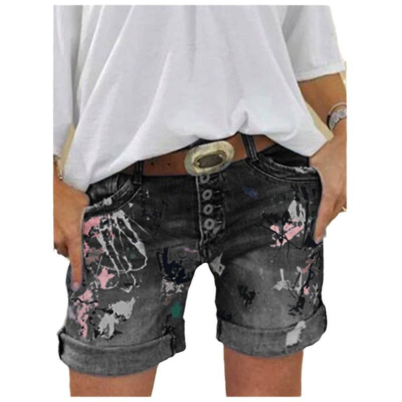 Short en jean imprimé taille haute élastique pour femme, fermeture boutonnée, grande taille, modèle tendance
