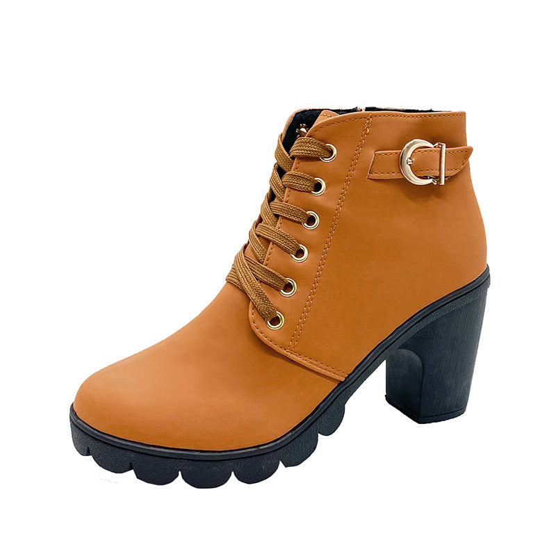 Women's high-heeled Martin boots, buckle, chunky heel, and round toe