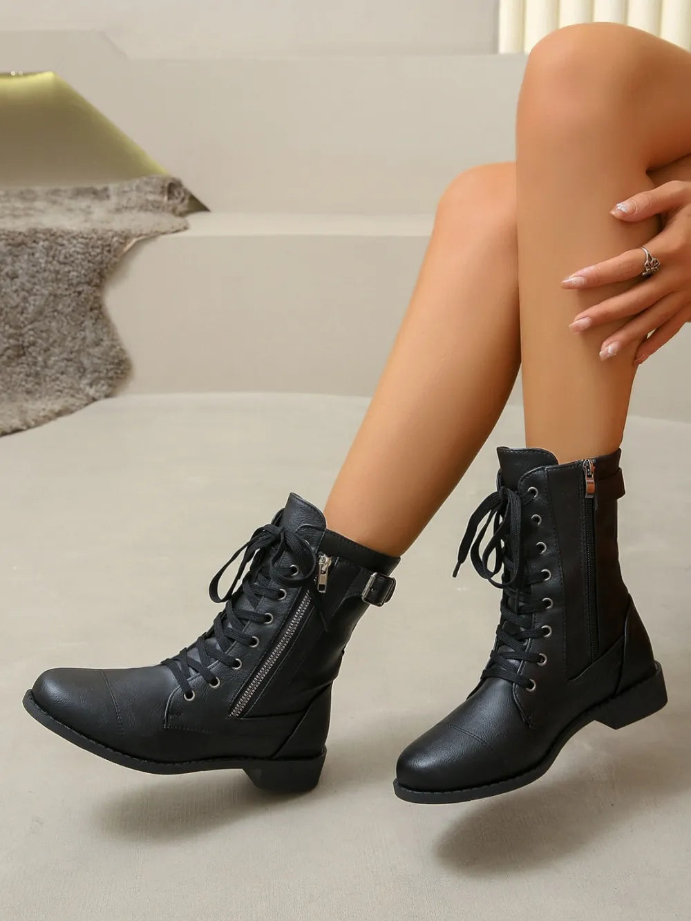 Lace-up PU leather boots