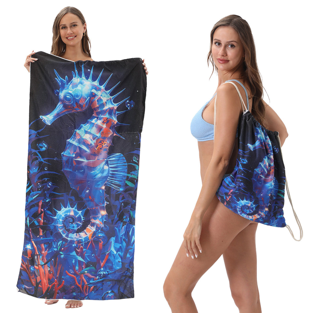 Serviette de plage pliable 2-en-1 et serviette de bain imprimée – Serviette de plage tout-en-un avec sac de rangement