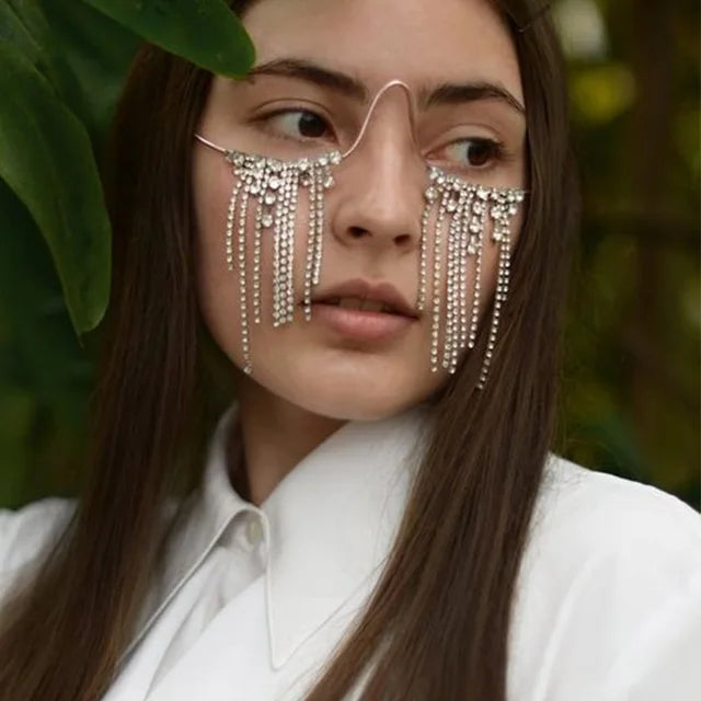 $12.34/14.88 USD Trendy Fringed Glasses, Rhinestone Embellished Rimless Frame, Fashion Accessory for Women.