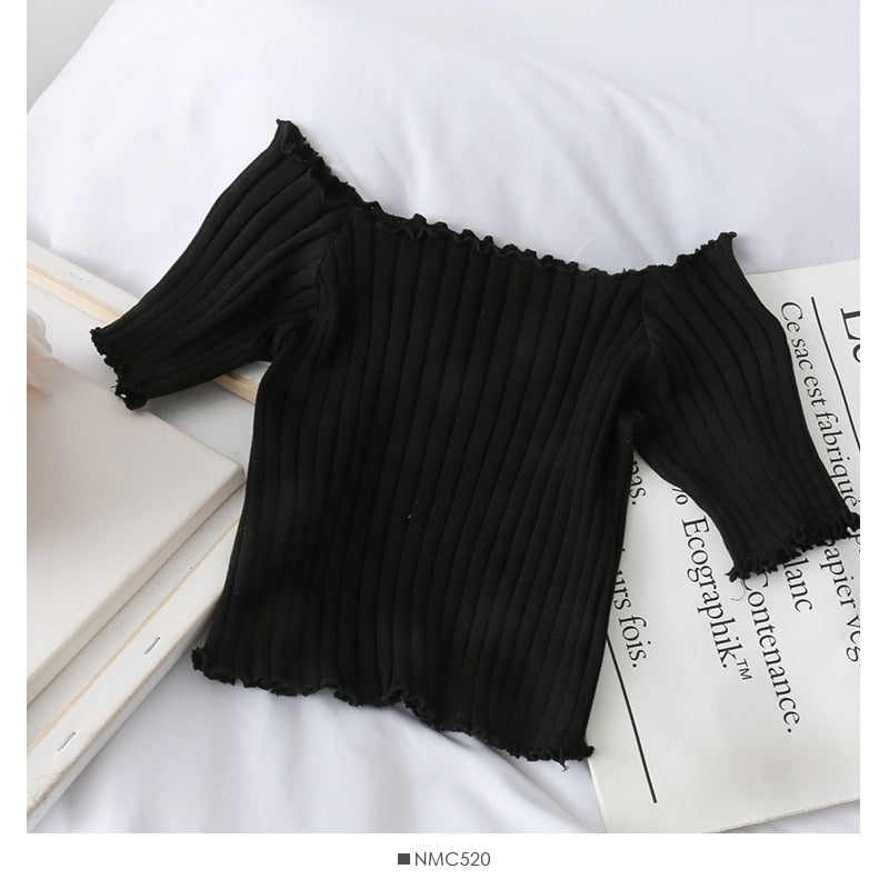 16.19 USD - HELIAR Women's Off Shoulder Mesh Crop Tops Short Sleeve Ruffle Hem Stretchy Summer Collection 2020