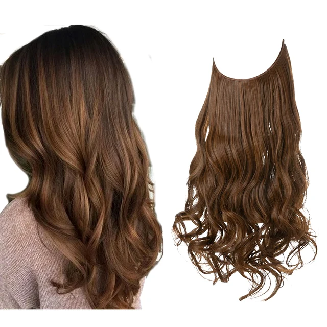 Extension capillaire monobloc pour femme offrant un volume généreux ; modèle en forme de U avec fil invisible, pour une chevelure longue, bouclée et naturelle.