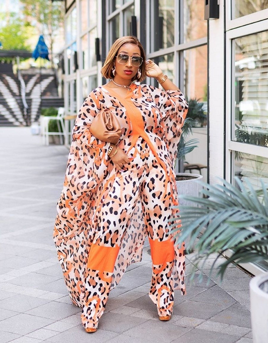 Ensemble deux pièces : cardigan en mousseline et pantalon ample (style robe africaine)