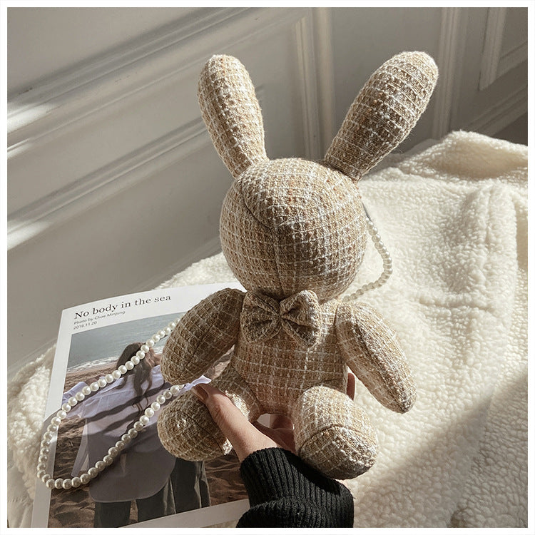 Cute Red Mesh Rabbit Handbag for Doll, Trendy Girl's Bag with Pearl Chain and Coin Purse