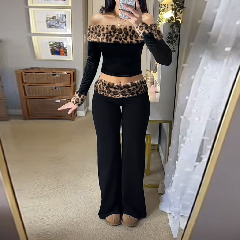Pantalon taille basse duveteux imprimé léopard pour femme, T-shirt moulant asymétrique à manches longues, ensemble décontracté
