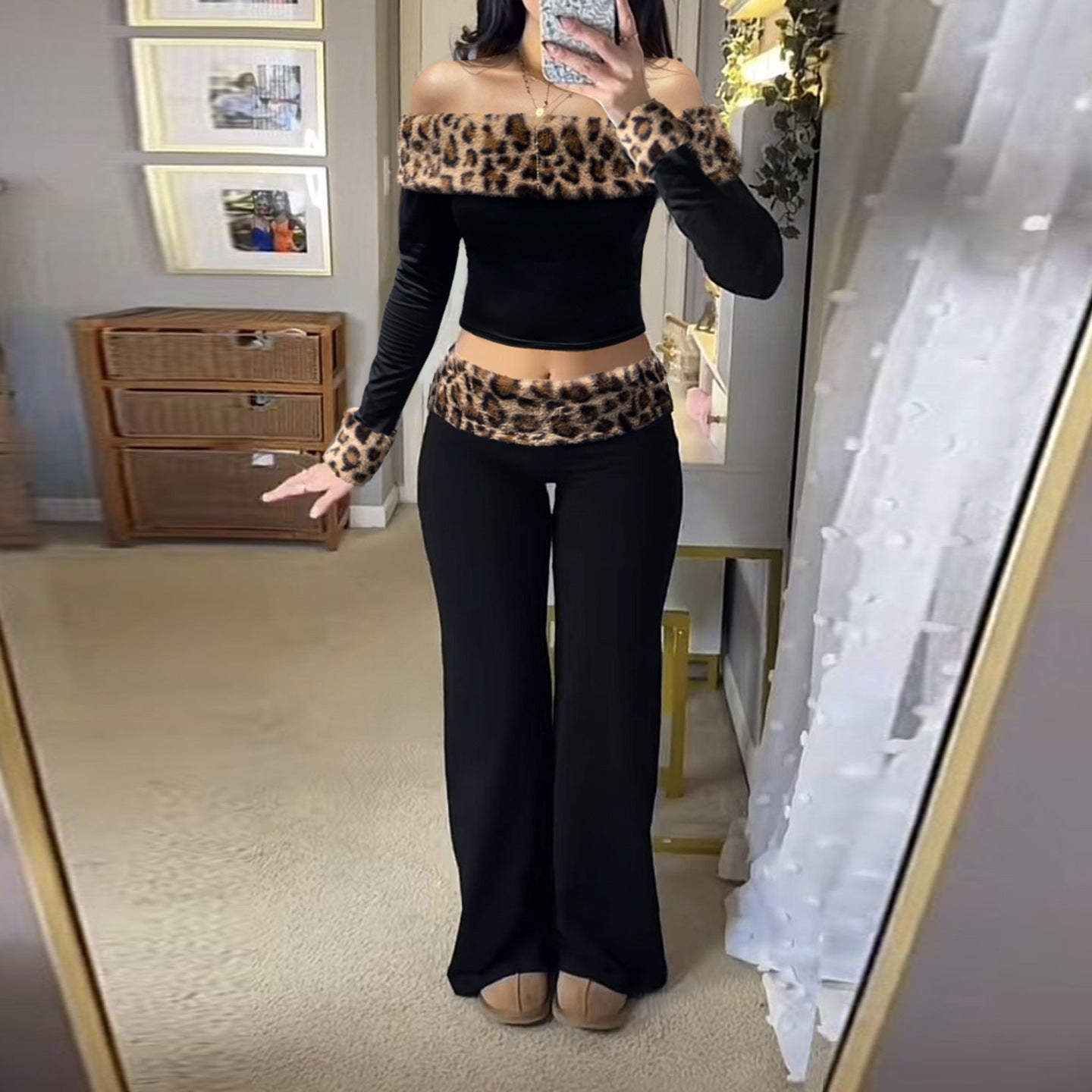 Pantalon taille basse duveteux imprimé léopard pour femme, T-shirt moulant asymétrique à manches longues, ensemble décontracté