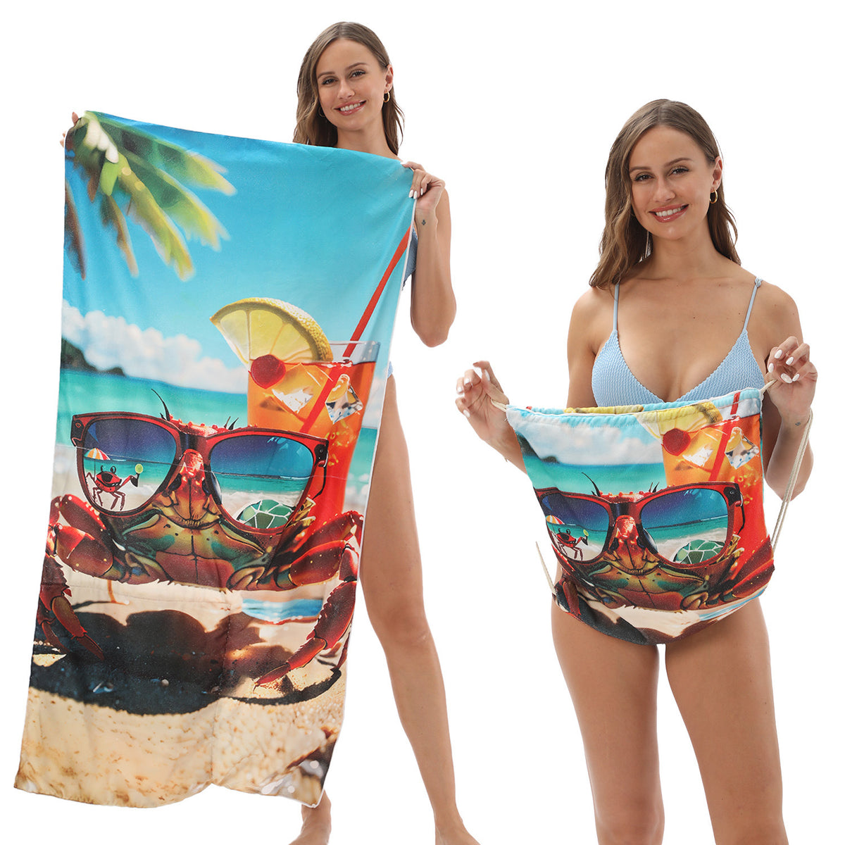 Serviette de plage pliable 2-en-1 et serviette de bain imprimée – Serviette de plage tout-en-un avec sac de rangement