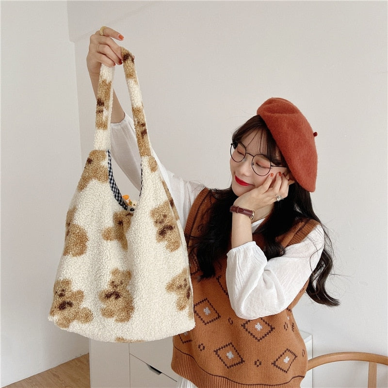 $17.71 - Women's lambskin-look tote bag, soft and fluffy canvas, teddy bear style, large capacity, soft, ideal for shopping or school. Cute school bag for girls.