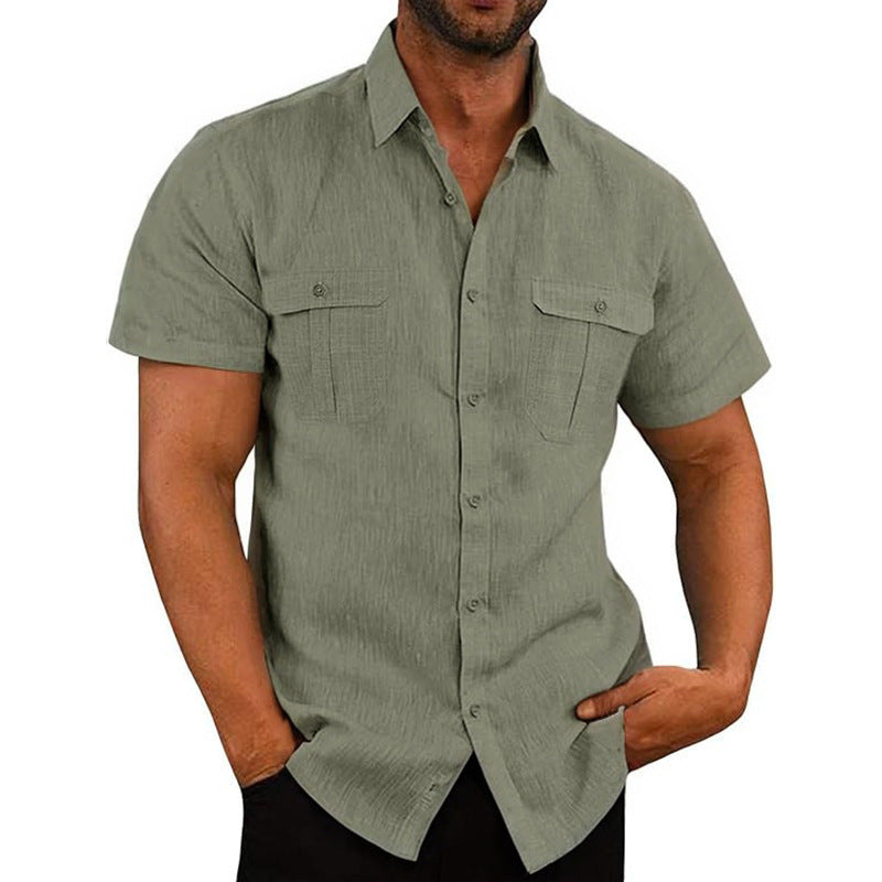Chemise décontractée en lin à manches courtes pour homme, couleur unie, poche plaquée, ouverture boutonnée, coupe ample, col rabattu