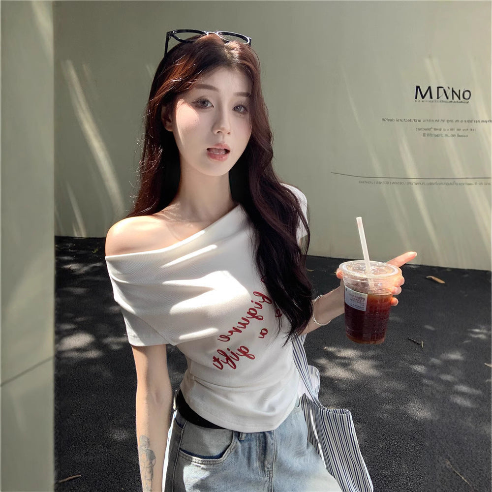 One-shoulder short sleeve T-shirt, fitted, letter print, crop top, casual off-the-shoulder blouse