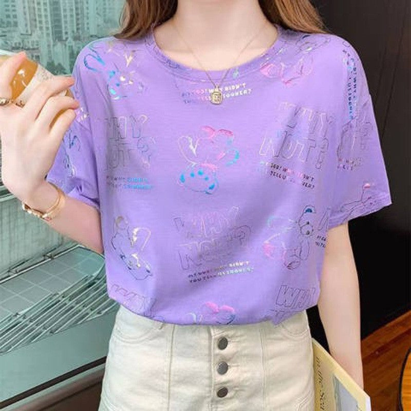 Casual Loose Fit Cotton Blend Short Sleeve T-Shirt for Women Summer Top with Regular Shoulder Design