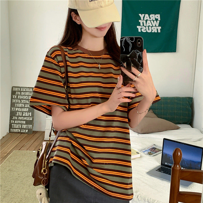 Women's Casual Vintage Color-Block Striped Short-Sleeve T-shirt
