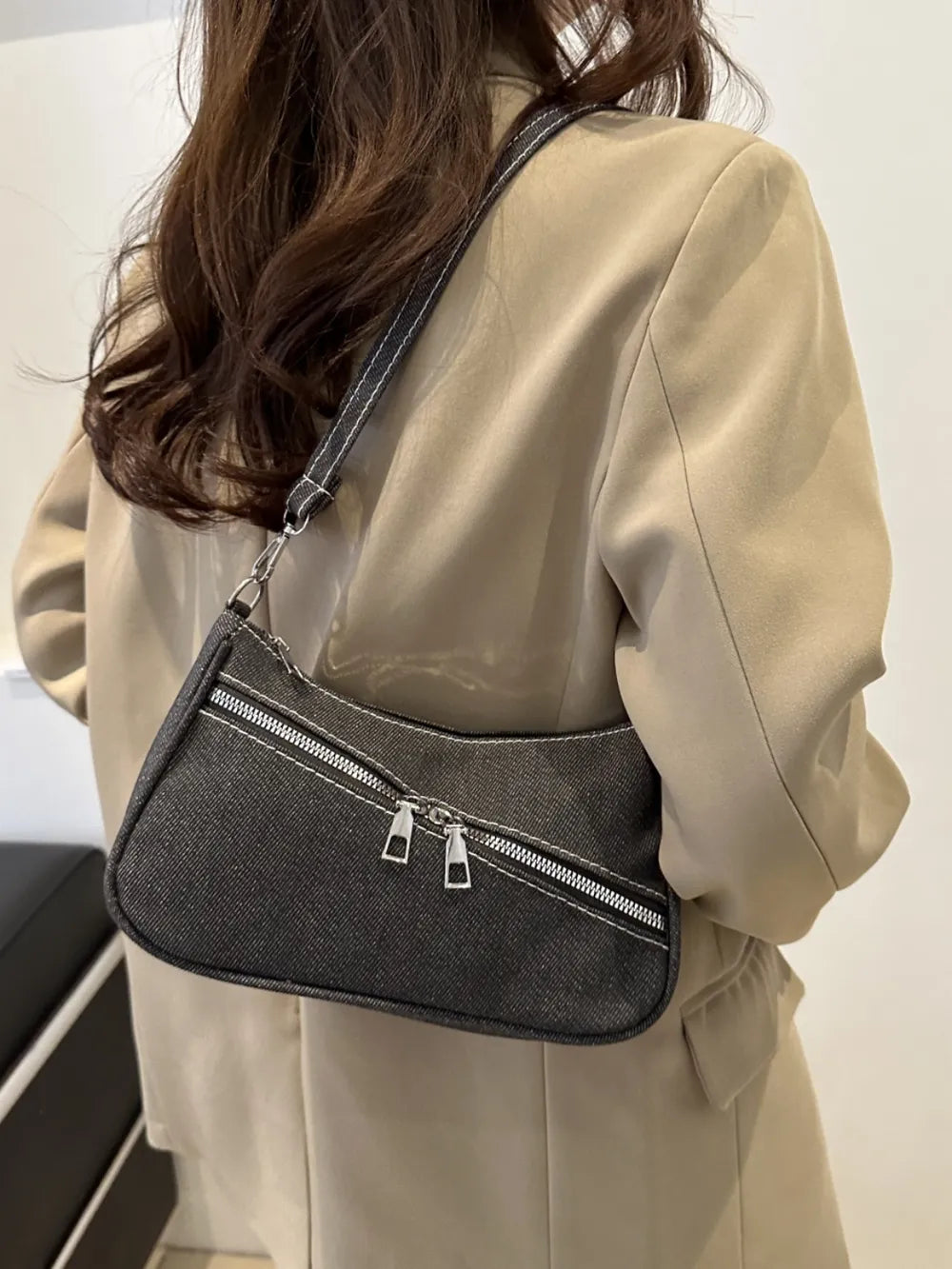Denim crossbody bag with zipper closure