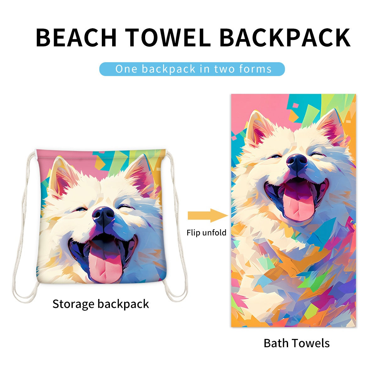 Serviette de plage pliable 2-en-1 et serviette de bain imprimée – Serviette de plage tout-en-un avec sac de rangement
