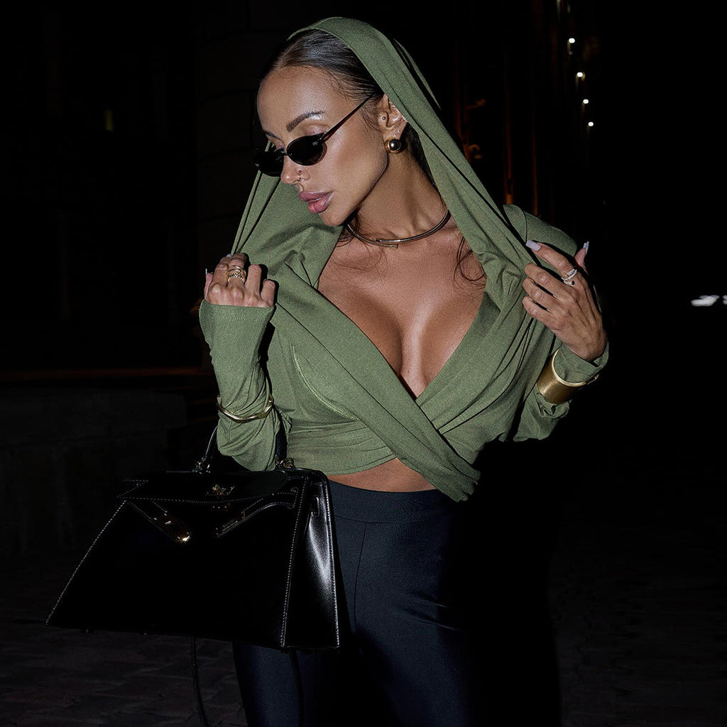 Creative Cross V-Neck Fitted Crop Top Long Sleeve Women's Top