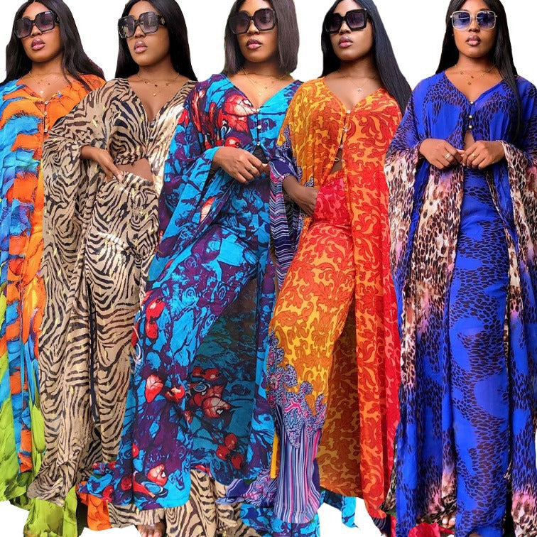 Ensemble deux pièces : cardigan en mousseline et pantalon ample (style robe africaine)