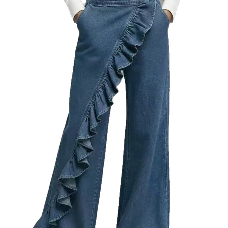 Pantalon vintage en denim véritable taille mi-haute asymétrique pour femme - Collection printemps-été