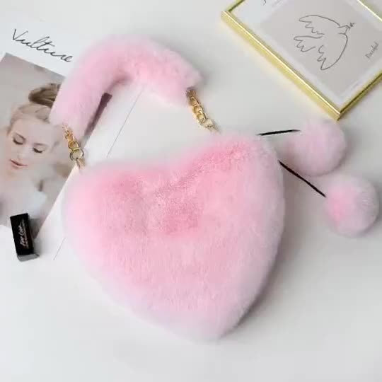 Women's Cyber Red Fashion Plush Heart-shaped Handbag, Slanted Style, with Hair Clip and Wallet.