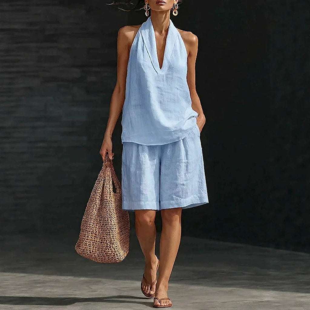Ensemble décontracté pour femme (gilet et short) en mélange lin-coton, coupe ample tendance, style printemps-été