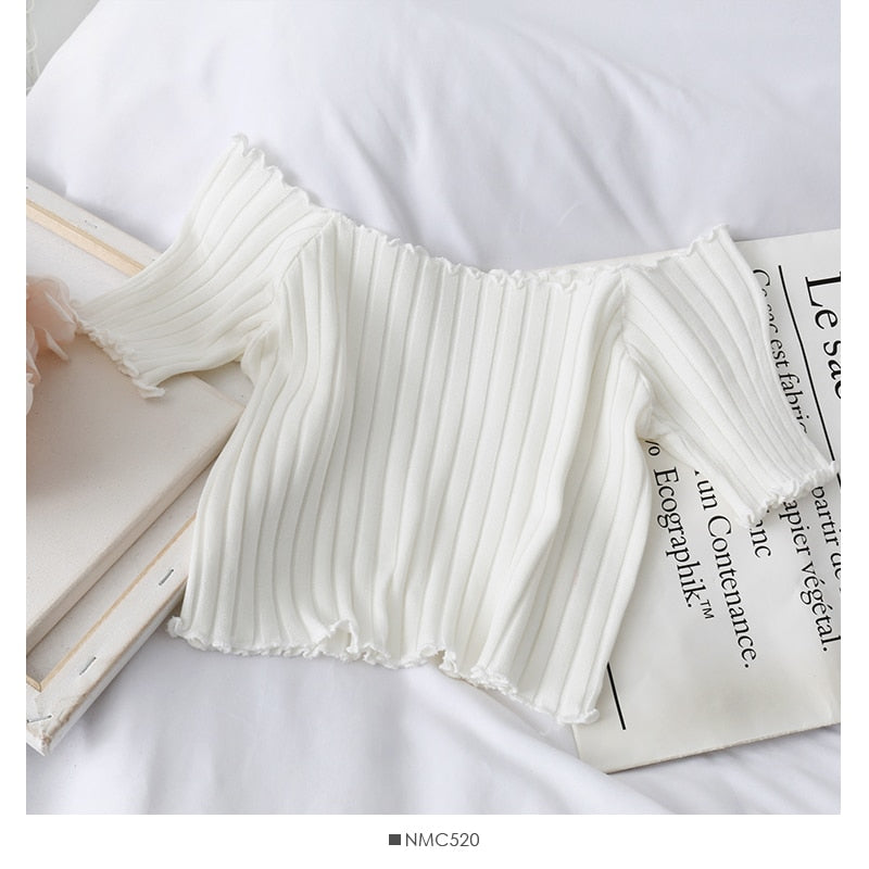 16.19 USD - HELIAR Women's Off Shoulder Mesh Crop Tops Short Sleeve Ruffle Hem Stretchy Summer Collection 2020
